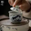 Moji Tigela Verde Antiga tamanho pequeno Conjunto de Chá Kung Fu 4g Chá de Rocha Tigela de Chá Camarão Pintado à Mão Divertido Tigela de Chá de Cerâmica Azul e Branca