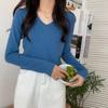 Início da primavera cintura alta pequena suéter curto das mulheres design sentido tricotado manga comprida coração de frango V-neck framboesa sólida cor base camisa