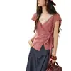Camisa Roja a Cuadros con Encaje, Manga Corta, Cuello en V, Adelgazante, Estilo Romántico Francés de Verano para Figuras Pequeñas