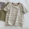 Camiseta Juvenil de Algodón Puro con Rayas Retro y Bloques de Color para Mujer, Verano Holgada, Estilo Hong Kong Adelgazante, Hombro Normal Manga Corta, Moderna