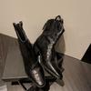 Botas vaqueras de punta 2026, Botines cortos de gamuza arrugada de América del Norte con corte en V y tacón grueso para mujer con cremallera trasera