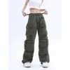 Pantalones cargo de paracaidista multi-bolsillo retro americano desgastado, diseño moderno unisex de alta calle, pantalones rectos holgados