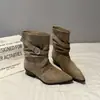 Botas Apiladas con Volantes de Punta Aguda Estilo Retro para Mujer 2026 Nuevo Estilo Aumento de Altura Interior Botas Vaqueras Occidentales para Mujer Hebilla de Cinturón Tacón Grueso Botines