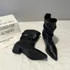 Botines plisados de tacón grueso para mujer, botines estilo cowboy, con hebilla de cinturón western para aumentar la altura oculta, estilo retro 2026, punta fina