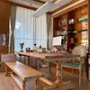 Mesa de Comedor Larga Estilo Americano Campo Francés Retro Madera Maciza, Mesa y Sillas de Comedor para el Hogar, Mesa y Sillas Rectangulares Combinación de Madera Natural, Mesa de Comedor