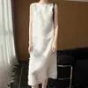 Vestido de Alça Estilo Francês de Luxo Leve de Alta Qualidade para Mulheres, Novo Modelo Primavera e Verão, Gola Redonda, Sem Mangas, Caimento Solto, Franja, Cintura Alta, Vestido de Comprimento Médio
