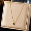 Moda Transfronteriza Retro Colgante Cuadrado de Circonia con Diamantes Verdes Cadena de Cuentas Redondas Chapada en Oro Acero Inoxidable Collar de Joyería Simple