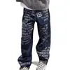 Jeans Retro Americanos con Estampado de Letras Lavados Desgastados de Calle Pierna Recta Micro-Campana para Hombres y Mujeres