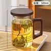 Atacado Novo Estilo Chinês Vidro Borossilicato Alto Tampa de Noz Caneca de Chá Resistente a Altas Temperaturas Caneca de Chá Verde Cabo de Madeira Caneca de Três Peças