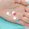 Popular Collar con Colgante de Corazón de Marca para Mujer, Plata de Ley 925, Esmalte de Corazón Rojo, Cadena Clavicular Azul, Colgante de Doble Corazón, Corazón Melocotón