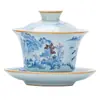 Tazón de té de tres partes Dehua de cerámica grande, estilo horno Ru, con patrón de paisaje azul y blanco, no quema, resistente al calor, para uso doméstico, juego de té Kung Fu
