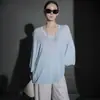 Camiseta Lyocell de manga três quartos para mulheres, gola U, novo suéter de verão, top de malha leve e ligeiramente transparente