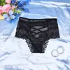 Calcinhas de renda transfronteiriças para mulheres, estilo europeu e americano sexy com tiras cruzadas de cintura alta, tamanho plus size, cobertura semi, vazadas, respiráveis