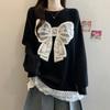Camiseta Feminina de Crochê com Renda e Laço, Gola Redonda, Manga Longa, Tamanho Plus Size, Outono e Inverno, Nova, Solta, Efeito Emagrecedor, Moda, Comprimento Médio