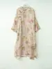 Vestido de Linho Rosa Estampado Diagonal com Botões Estilo Chinês Novo Vintage Artístico Redutor de Idade