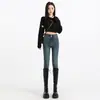 Pantalones Skinny de Mezclilla Negros para Mujer, Nuevo Estilo de Otoño, Pantalones de Lápiz Ajustados de Tiro Alto Desgastados con Doble Botón Elásticos