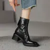 Botines de Cuero Suave con Tacón Grueso para Mujer Botines de Verano Retro Franceses Nuevos Botas de Tacón Alto con Punta Cuadrada Botas de Moda Adelgazantes Botas para Mujer