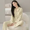 Cardigan de pijama de duas peças para casa feminina, manga longa e calça longa, gola V, cor sólida, algodão jacquard elástico dupla face