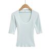 7665-25 Nuevo Estilo Otoño Estilo Europeo y Americano Mangas Tres Cuartos Cuello Redondo Grande Cintura Elástica Ajustada Camiseta Interior Superior Camiseta