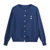 Casaco Cardigan de Tricô Cinza com Gola Redonda e Bordado de Ursinho para Mulheres Outono Inverno Petite Tricô Solto Retrô Cardigan Manga Longa