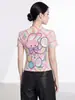 Top plisado de alta calidad Miyake para mujer, estilo fino de verano, cuello alto pequeño, popular en Japón y Corea, camiseta de manga corta con estampado de dibujos animados para mujer