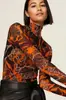 Top de rede floral retrô popular transfronteiriço europeu e americano para mulheres, gola alta, manga longa, elástico, justo ao corpo, transparente, blusa de base para sobreposição
