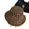 Chapéu de Pescador Dobrável Novo Estilo para Mulheres com Estampa de Leopardo, Bordas Franjadas, Cordão, Aba Larga, Proteção Solar, Chapéu de Caminhada ao Ar Livre de Verão Que Faz o Rosto Parecer Menor