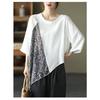 Primavera y Otoño Talla Grande Holgado Temperamento Casual Estilo Occidental Reductor de Edad Manga de Cinco Cuartos Bloque de Color Cuello Redondo Algodón y Lino Top Comercio Exterior Venta al por Mayor