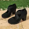 Tacones Altos Antideslizantes de Tira Cruzada Tallas Grandes Zapatos Casuales Individuales Europeos y Americanos Tira Cruzada Retro Suela Gruesa Tacón Grueso Zapatos de Mujer