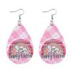 Pendientes de conejito de Pascua transfronterizos europeos y americanos. Pendientes colgantes de cuero PU de doble cara con cuadros rosas de Feliz Pascua.