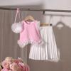 Traje de verano nuevo para niñas de comercio exterior transfronterizo, chaleco de color sólido con encaje, pantalones plisados, bolsa colgante, conjunto de tres piezas