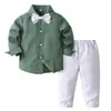 Verano Nuevo Estilo Británico Verde Oscuro Solapa Manga Larga Camisa Blanco Marfil Corbata de Lazo Traje Pantalón Largo Conjunto