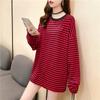 Camiseta com listras de arco-íris de edição grande solta 2021 novo estilo Hyun Ya Style Top de manga comprida primavera e outono Harajuku Hong Kong Style Roupas femininas