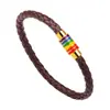 Pulsera de Cuero Trenzado Elemento Arcoíris Cuero Negro Esmalte de Colores Piezas Metálicas Joyería de Moda Adecuada para una Variedad de Estilos