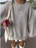 Suéter Pulôver de Malha Grossa Xadrez Estilo Europeu para Mulheres, Novo Outono/Inverno Solto com Ombro Caído Manga Longa Malha Macia Gola Redonda