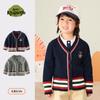 Cárdigan de Punto de Cuello en V para Niños Kovami Otoño e Invierno Estilo Británico Insignia de Oso de Dibujos Animados Tejido de Color en Contraste Tejido de Manga Larga Uniforme Escolar