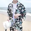 Cardigan Kimono Estilo Japonês Ukiyo-E Colorido Grafite Manga Três Quartos para Casais, Camisa Robe Solta Fina de Meia Manga