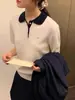Suéter de malha feminina com lapela de polo bordada, manga curta, 2025 primavera e verão, explosão de cores, gola contrastante, top curto feminino