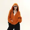 Suéter con capucha de punto trenzado estilo americano para mujer, holgado y casual, versátil, simple, naranja, con cremallera y un corte relajado