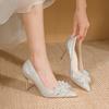2025 Novo Estilo Strass Elegante Francês Salto Alto Noiva Cristal Sapatos de Casamento Stiletto Bico Fino
