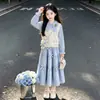 Vestido de tarta de encaje con lazo para niña, conjunto casual coreano elegante, nuevo conjunto de dos piezas para niñas 2026