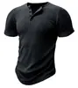 Camiseta atlética de manga corta ajustada para hombre, ajuste muscular, comercio exterior, fitness, acanalada elástica, ajustada, color liso, estilo americano Henley