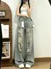 Jeans rasgados estilo retro americano para mujer, nuevos pantalones de otoño de cintura alta rectos de pierna ancha hasta el suelo