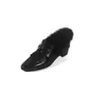 Primeira Camada Couro de Cordeiro + Borla de Pelo de Coelho Mocassins Femininos Sapatos Pequenos de Couro de Coelho Outono Inverno Novo Bico Redondo Salto Médio Bloco Mocassins de Corte Profundo