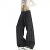 Design retrô de cintura dupla, calça casual reta de perna larga solta para homens, estilo novo versátil e moderno com padrão xadrez contrastante