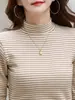 Nuevo Top Térmico de Manga Larga con Cuello Medio Alto Ajustado para Mujer, Camiseta de Manga Larga, Top para Madre, Capa Interior Gruesa y Cálida, Rayado, Temporada de Otoño e Invierno