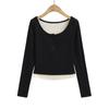 6146-25 Estilo Verão Novo Estilo Coreano Estilo Menina Estilo Puro Sedutor Renda Cor Contrastante Falso Duas Peças Manga Longa Top Camiseta