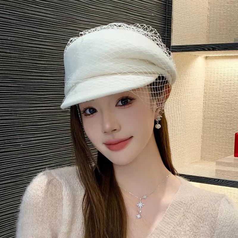 原创设计网红款羊毛呢网纱珍珠贝雷帽女秋冬韩版潮时尚百搭鸭舌帽