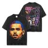 Camiseta de Hip-hop Transfronteriza Marrón con Estampado de Chris Brown Lavada de Manga Corta Cuello Redondo Sudadera Pesada Holgada con Capucha para Hombre