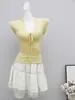 Série de Tricô Que Pode Ser Usada Repetidamente: Top com Cadarço para Mulheres, Estilo Puro Desejo, Cintura Marcada, Mangas Curtas Leves, Blusa com Decote V, Calça Saia Casual